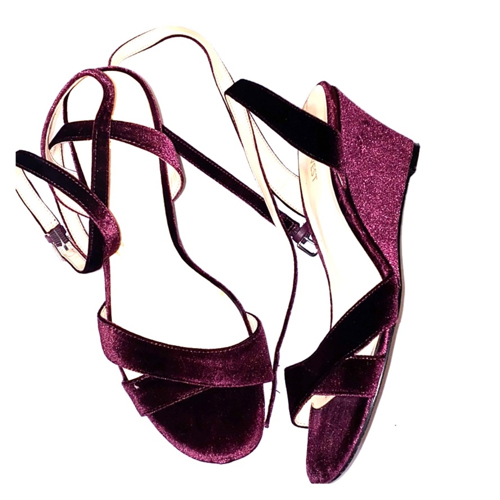Nine West Maroon Peep Toe Velvet Heeled Wedges